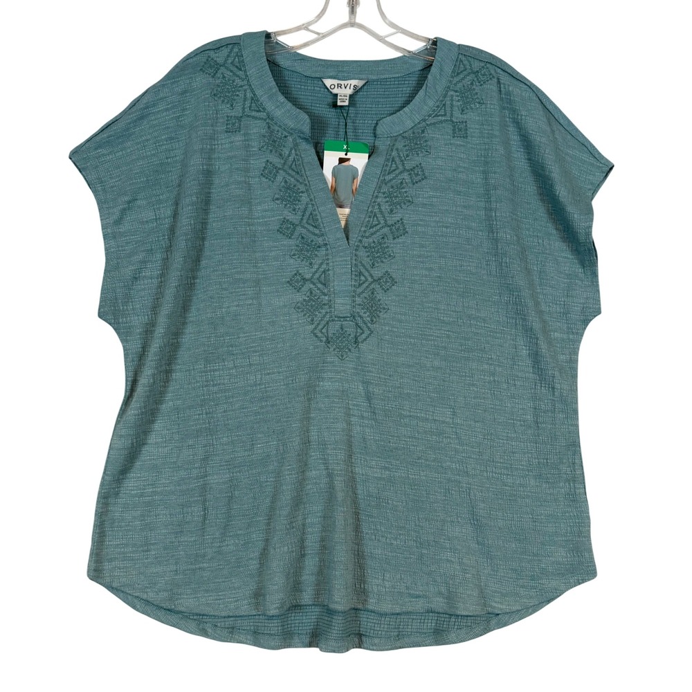 NWT Orvis Women XL Teal Blue Embroidered Split Neck S/S Slub Top Boho Coastal